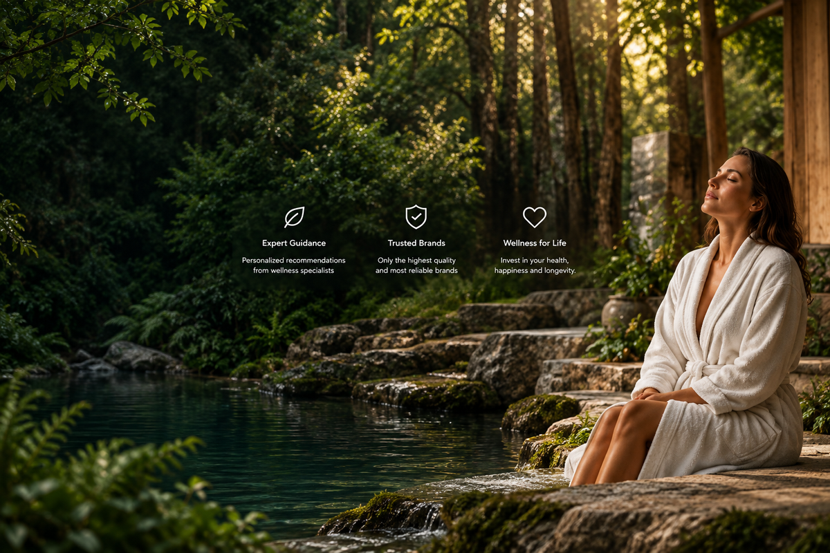 3:2 spa scene with expanded forest scenery and icon captions