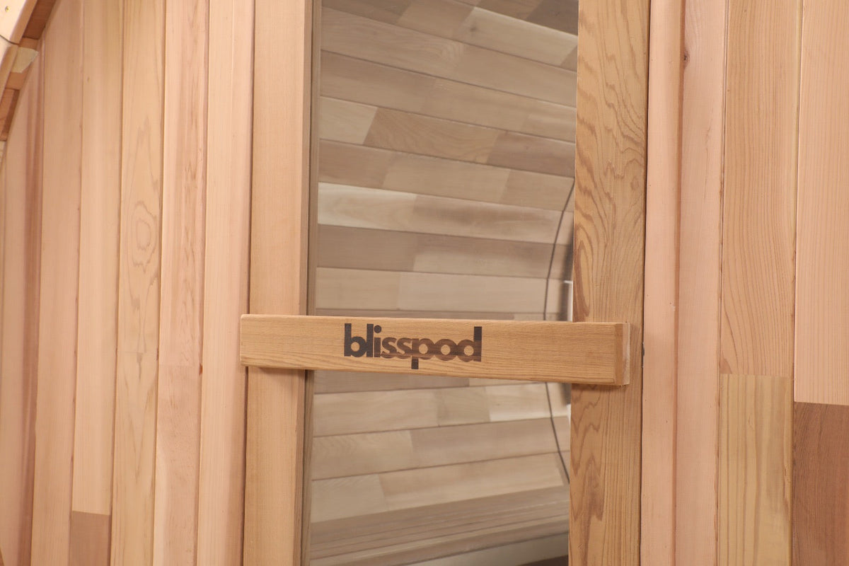 Blisspod | Prague | Canadian Red Cedar Outdoor Steam Barell Sauna | 2-4 / 4-6 persons with Full Glass Back & 2 front Porch seats